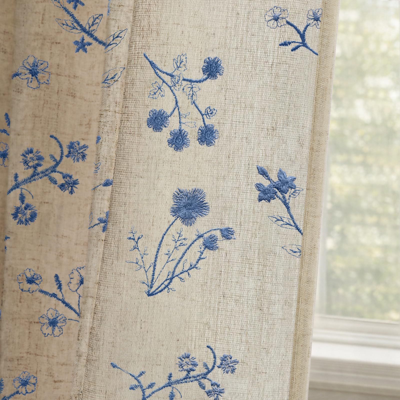 Floral Embroidered Linen Blend Curtains for Bedroom, 84 Inch Light Filtering Spring Farmhouse Vintage Drapes Beige Flower Window Treatments for Living Room Rod Pocket, Set of 2 Panels