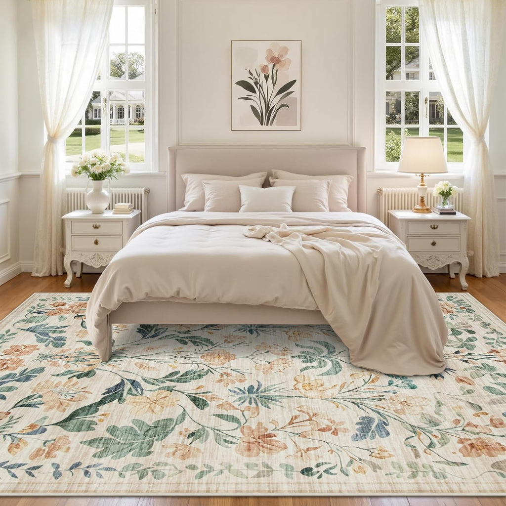 8x10 Beige Boho Floral Washable Non-Slip Thin Area Rug for Indoor Spaces