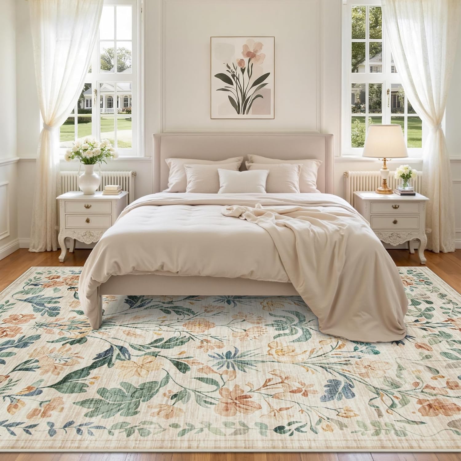 8x10 Beige Boho Floral Washable Non-Slip Thin Area Rug for Indoor Spaces