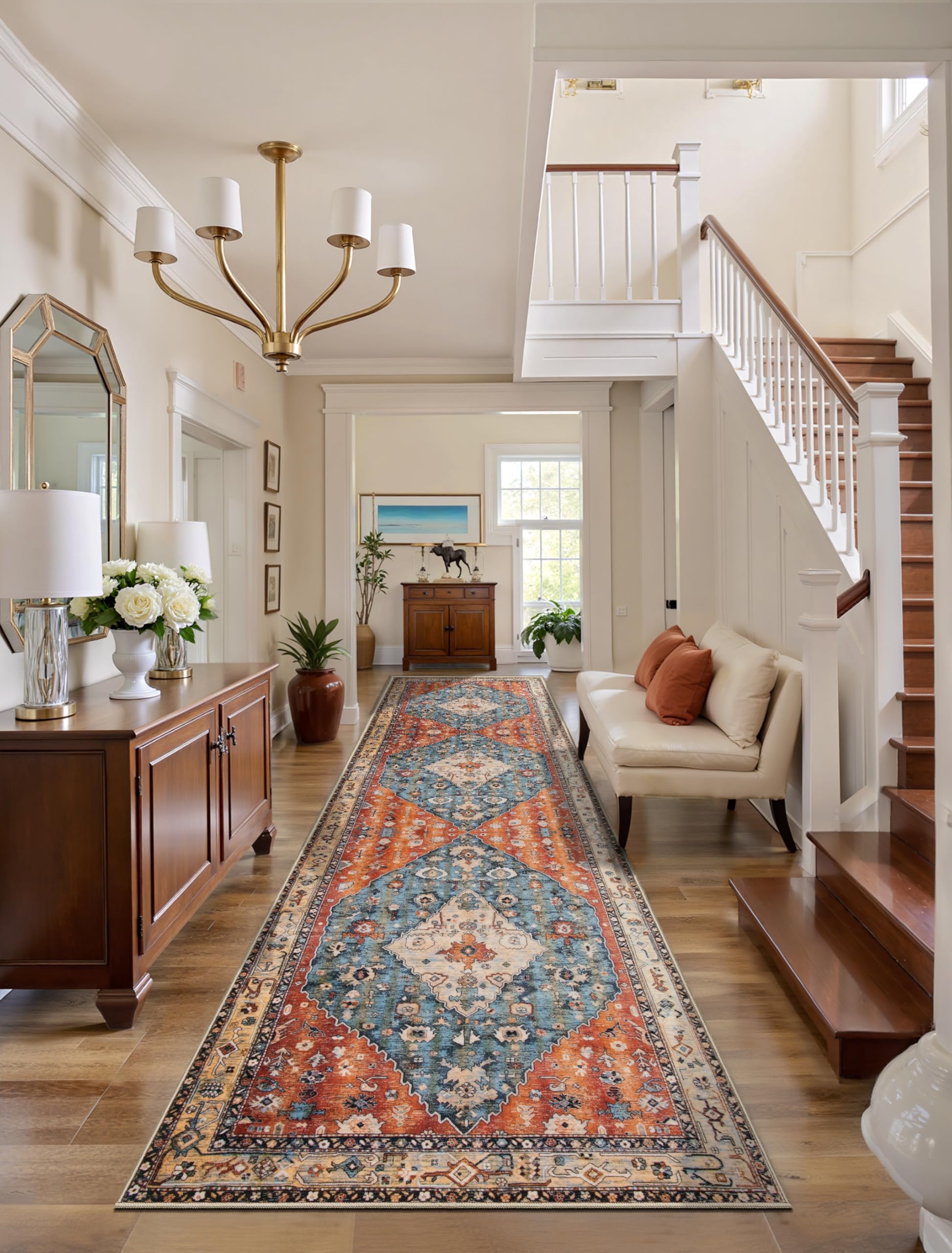 SERISSA Washable Rugs 8x10 Area Rugs, Large Non-Slip Boho Living Room Rust Rug, Ultra Soft Vintage Print Distressed Oriental Tribal Farmhouse Carpet for Dining Room Bedroom Dorm Office Home Decor