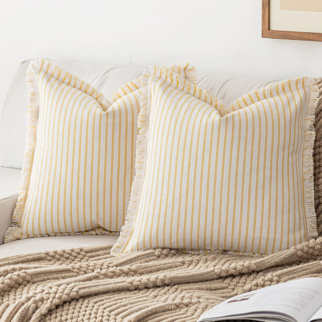 YEENAASY Throw Pillow Covers 18x18 Set of 2 Striped Fringe Pillow Cover Farmhouse Cushion Covers with Tassel Neutral Boho Pillows Decorative Square Pillowcase for Couch Sofa Bed, Khaki