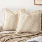 YEENAASY Throw Pillow Covers 18x18 Set of 2 Striped Fringe Pillow Cover Farmhouse Cushion Covers with Tassel Neutral Boho Pillows Decorative Square Pillowcase for Couch Sofa Bed, Khaki