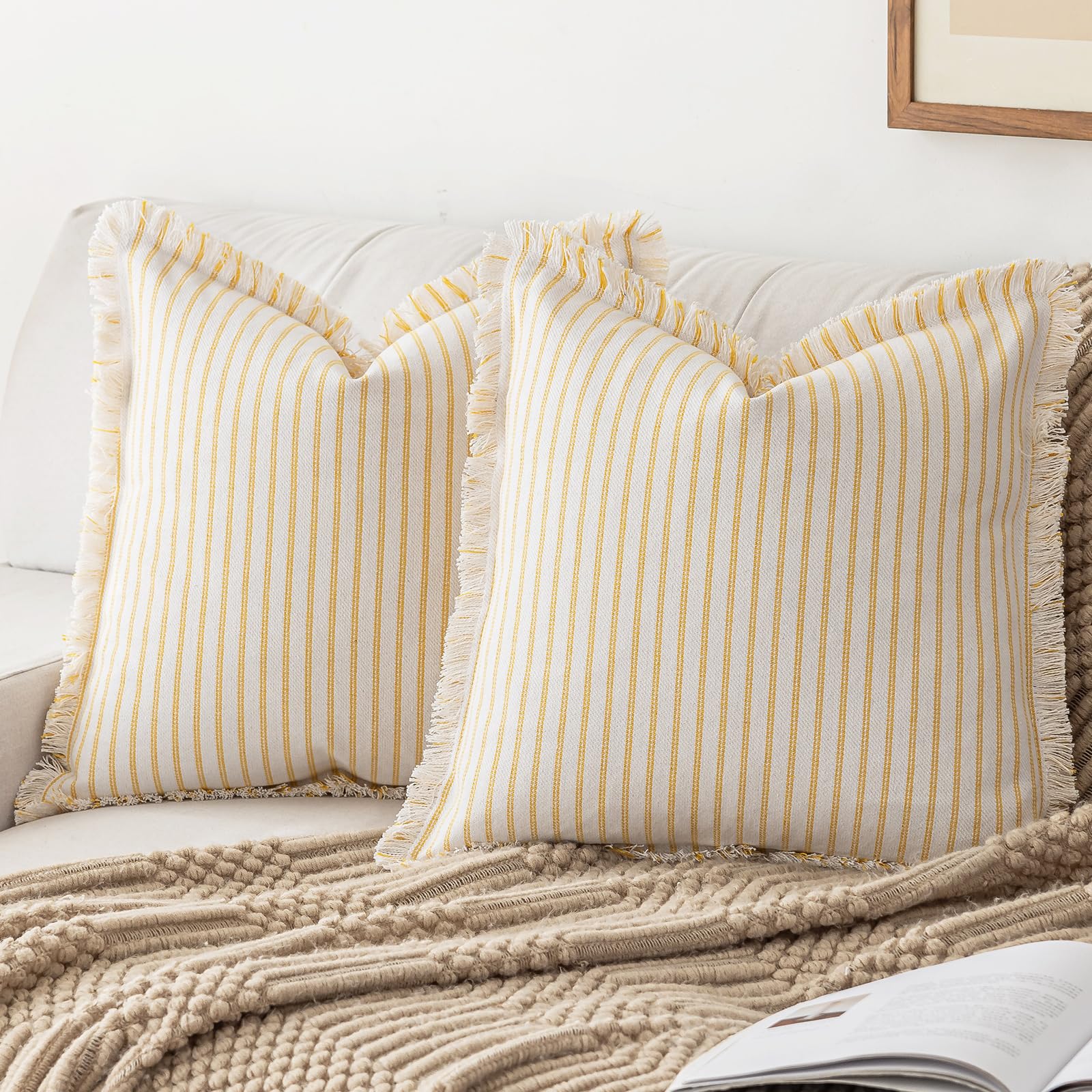 YEENAASY Throw Pillow Covers 18x18 Set of 2 Striped Fringe Pillow Cover Farmhouse Cushion Covers with Tassel Neutral Boho Pillows Decorative Square Pillowcase for Couch Sofa Bed, Khaki