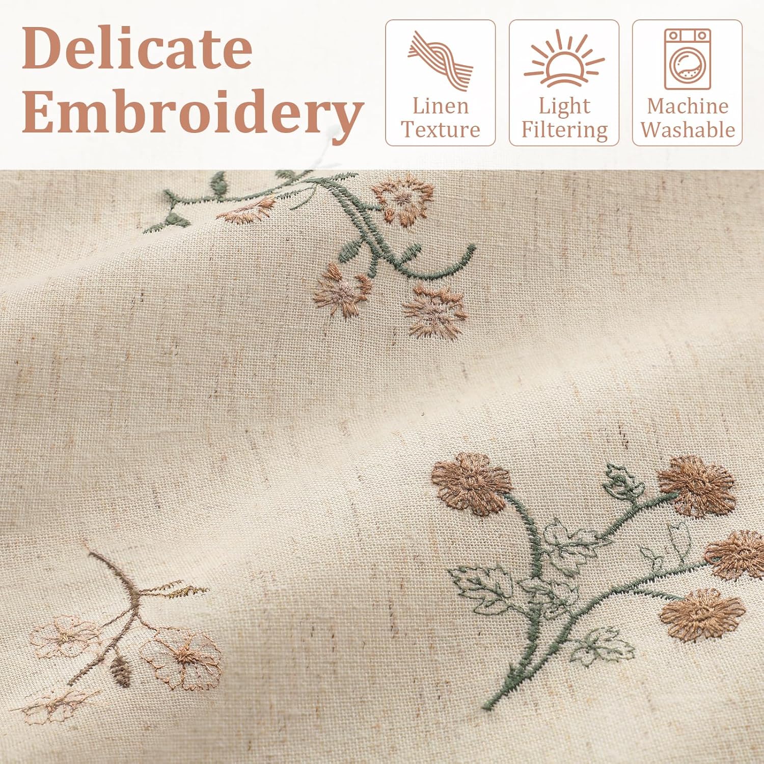 Floral Embroidered Linen Blend Curtains for Bedroom, 84 Inch Light Filtering Spring Farmhouse Vintage Drapes Beige Flower Window Treatments for Living Room Rod Pocket, Set of 2 Panels