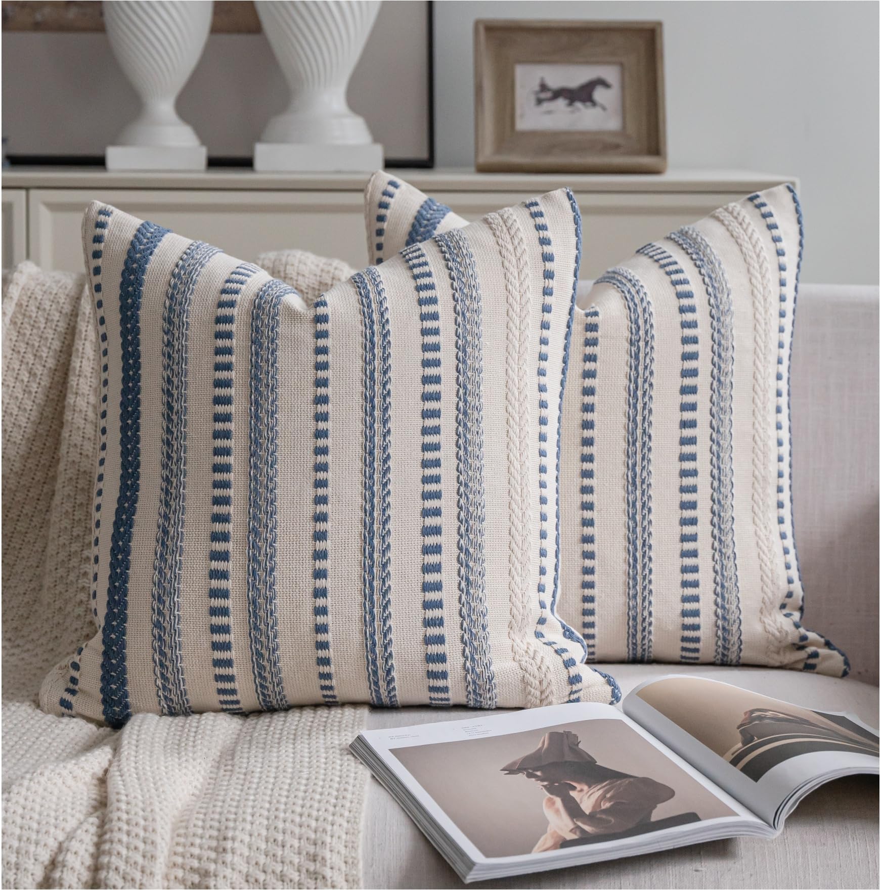 Cethom Navy Blue Boho Throw Pillow Covers 20x20 Inch Set of 2, Stripe Textured Decorative Couch Pillow Cases for Bed, Sofa, Living Room, Bedroom, Farmhouse Home Accent Cushion Covers