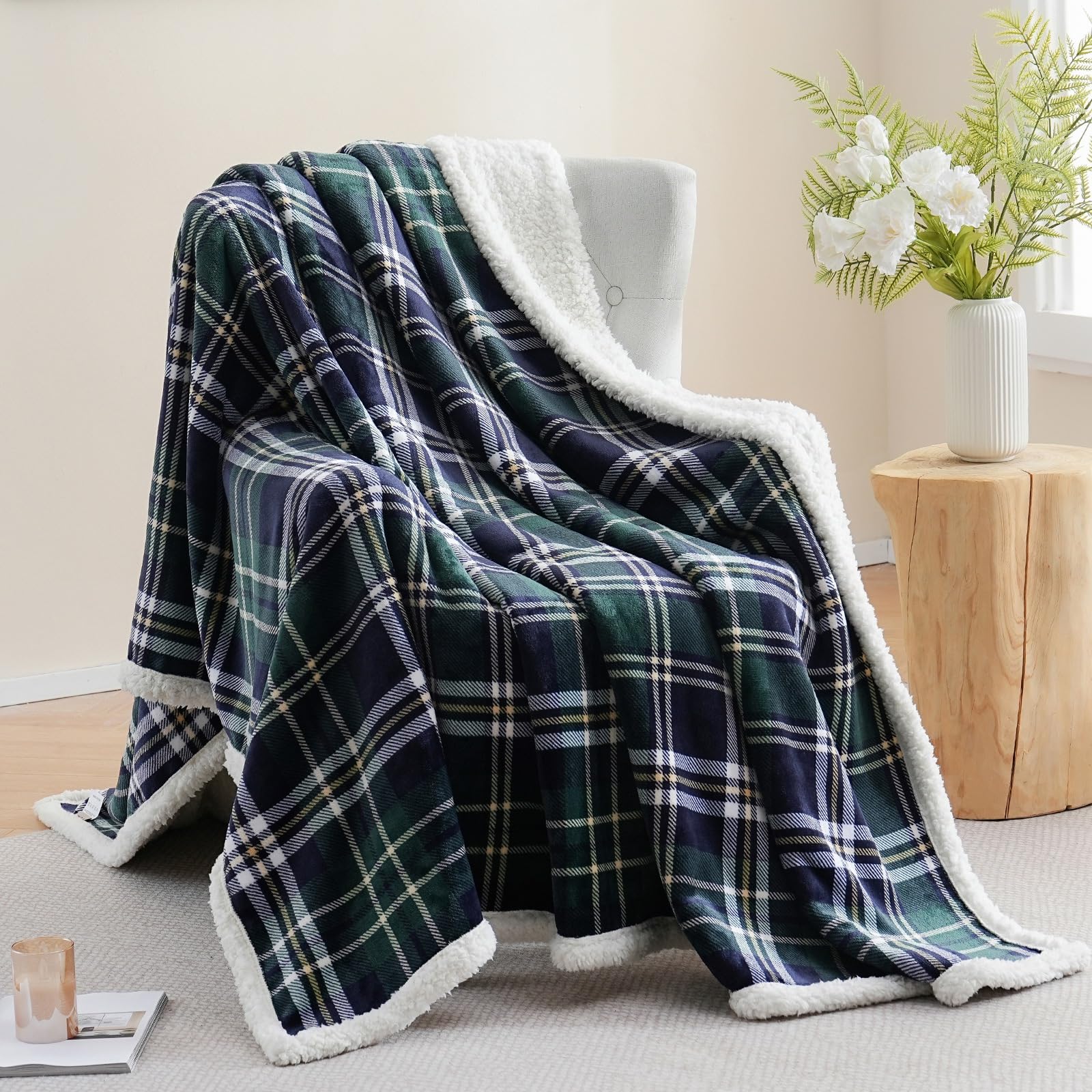 PU MEI Sherpa Fleece Throw Blanket 60" x 80" Reversible Plush Fluffy Large Big Blanket Lattice Flannel Blankets for Sofa Couch Bed (Grey-Soft Blue, 60"*80")