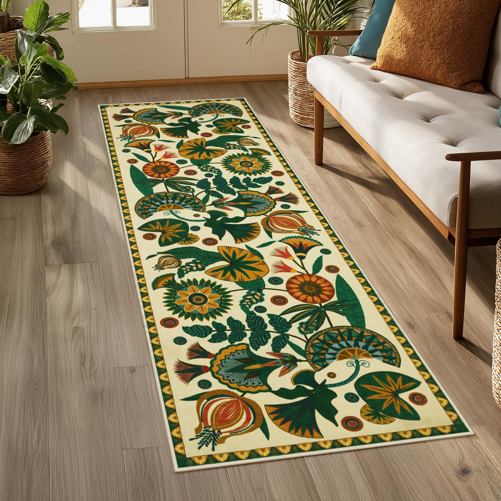 Joydeco Egypt Floral Boho 8x10 Area Rugs for Bedroom Aesthetic, Washable Vintage Living Dining Room Rug Non Slip, Beige Large Indoor Throw Carpet for Playroom Nursery Dorm Classroom