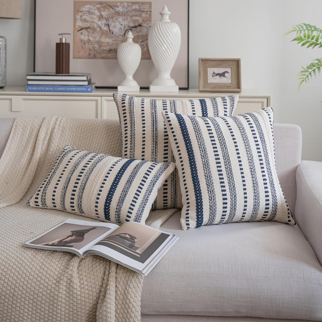 Cethom Navy Blue Boho Throw Pillow Covers 20x20 Inch Set of 2, Stripe Textured Decorative Couch Pillow Cases for Bed, Sofa, Living Room, Bedroom, Farmhouse Home Accent Cushion Covers