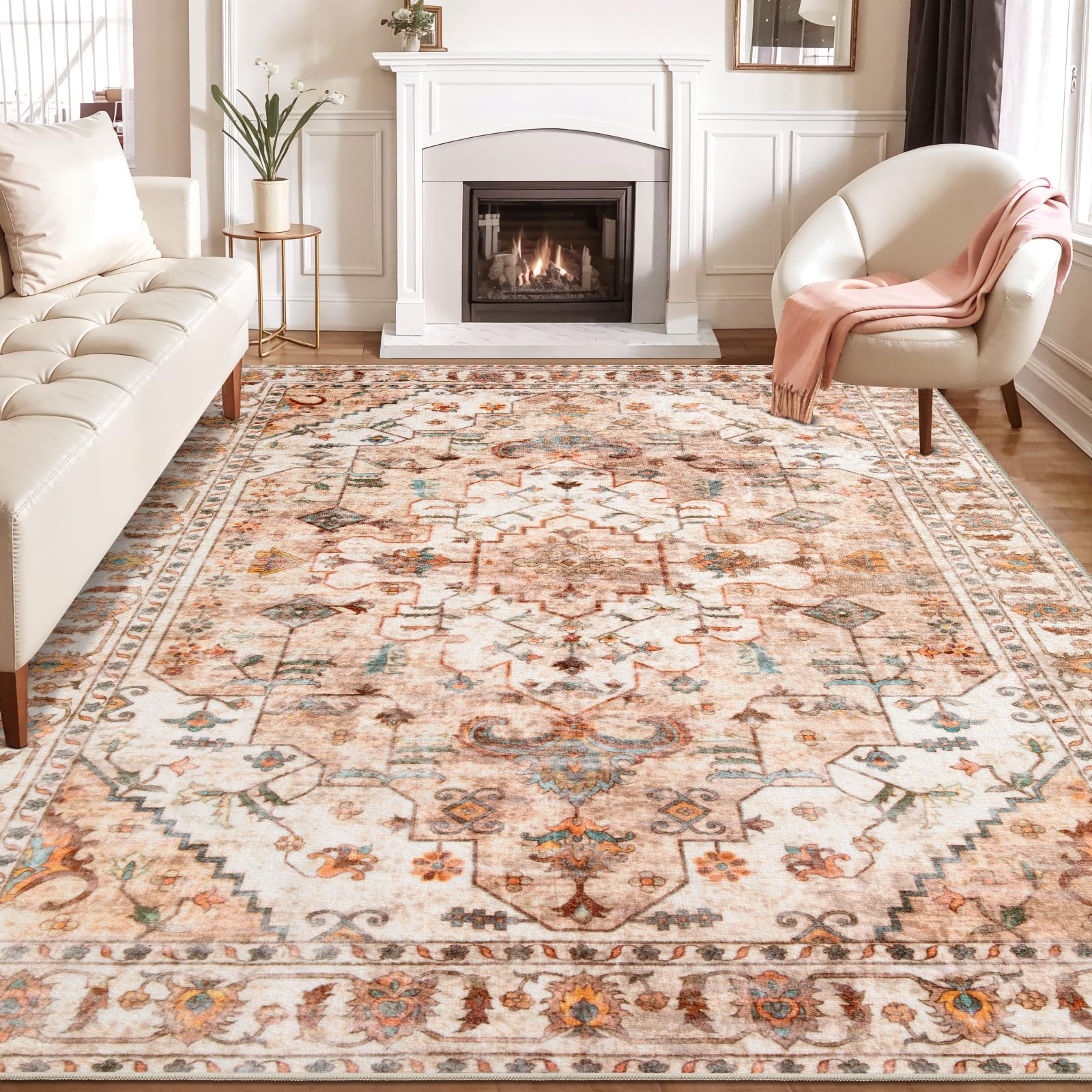 SERISSA Washable Rugs 8x10 Area Rugs, Large Non-Slip Boho Living Room Rust Rug, Ultra Soft Vintage Print Distressed Oriental Tribal Farmhouse Carpet for Dining Room Bedroom Dorm Office Home Decor
