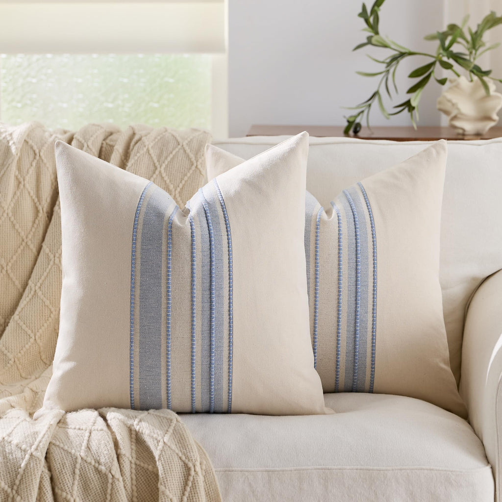 Striped Linen Textured Throw Pillow Covers 18x18 Inch Set of 2,Boho Decorative Cushion Covers, Neutral Navy Blue Accent Pillowcases for Couch, Sofa, Bed Farmhouse & Modern Living Room Decor
