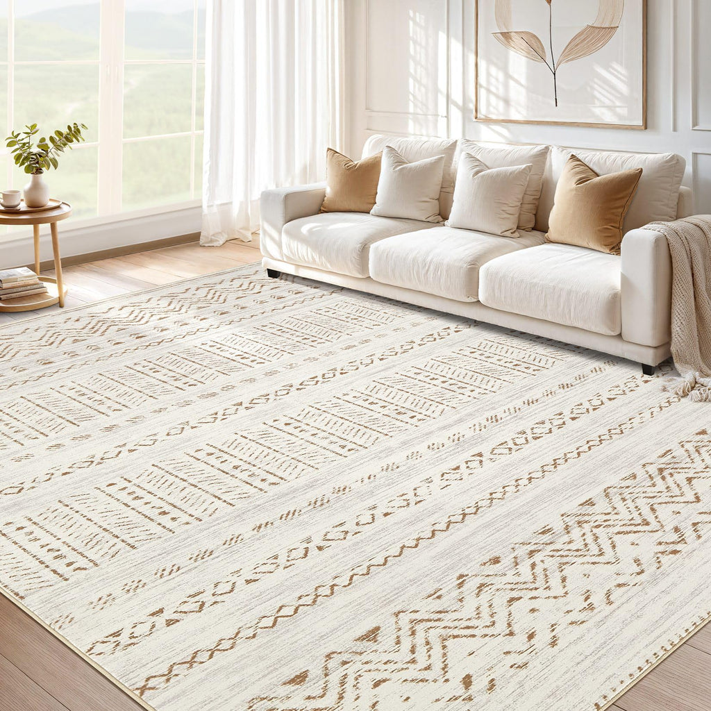 cotiled 5x7 Area Rug Living Room: Washable Boho Rugs with Non Slip Backing Large Soft Indoor Stain Resistant Carpet for Bedroom Farmhouse Dining Room Lightweight Home Decor L Brown/Cream