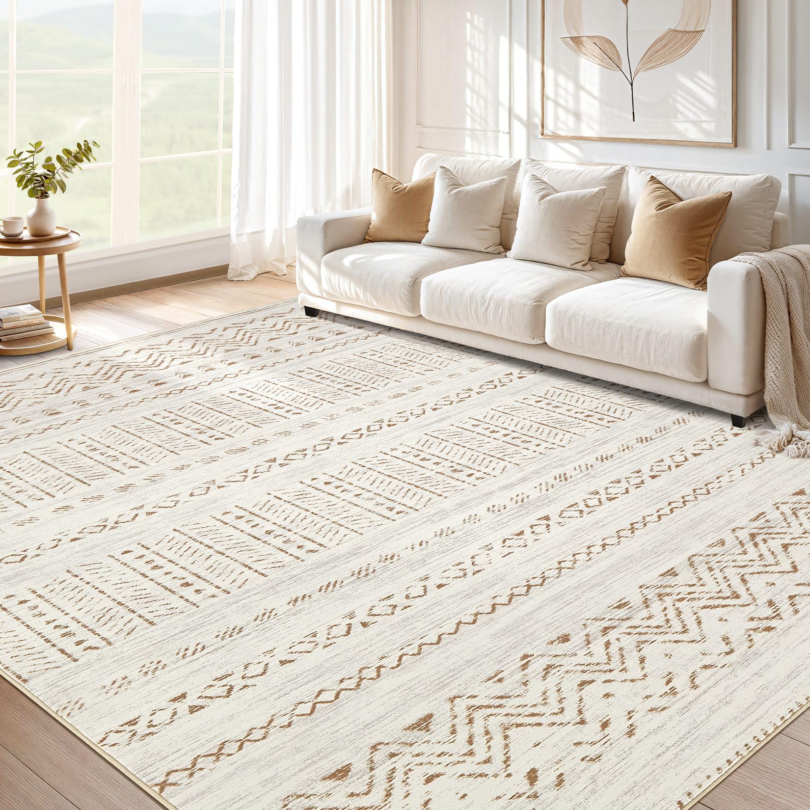 cotiled 5x7 Area Rug Living Room: Washable Boho Rugs with Non Slip Backing Large Soft Indoor Stain Resistant Carpet for Bedroom Farmhouse Dining Room Lightweight Home Decor L Brown/Cream