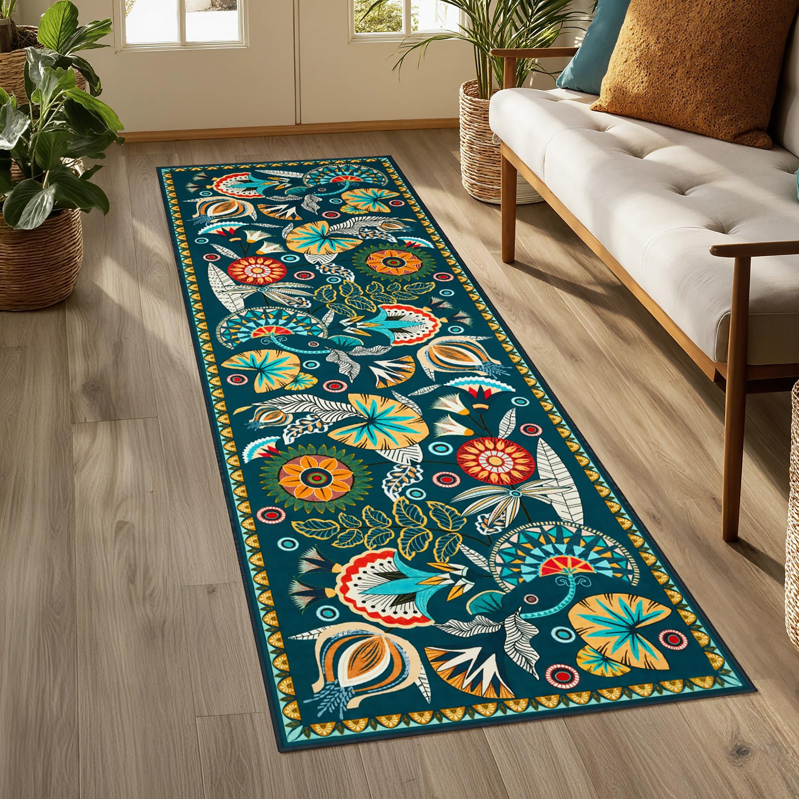 Joydeco Egypt Floral Boho 8x10 Area Rugs for Bedroom Aesthetic, Washable Vintage Living Dining Room Rug Non Slip, Beige Large Indoor Throw Carpet for Playroom Nursery Dorm Classroom