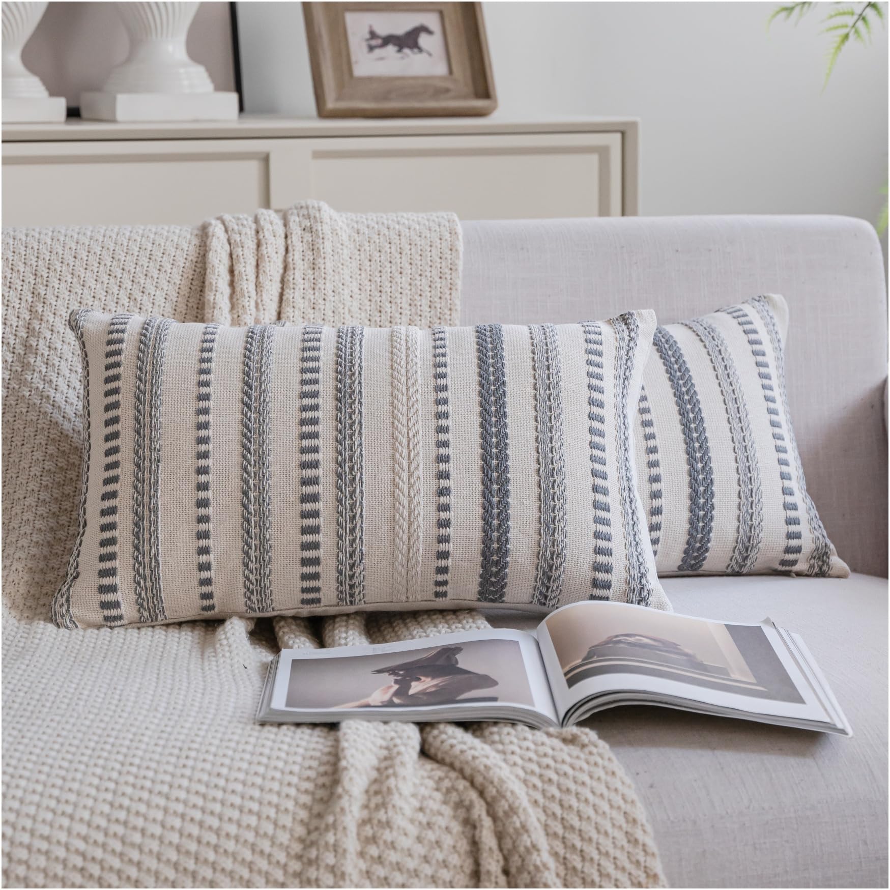 Cethom Navy Blue Boho Throw Pillow Covers 20x20 Inch Set of 2, Stripe Textured Decorative Couch Pillow Cases for Bed, Sofa, Living Room, Bedroom, Farmhouse Home Accent Cushion Covers