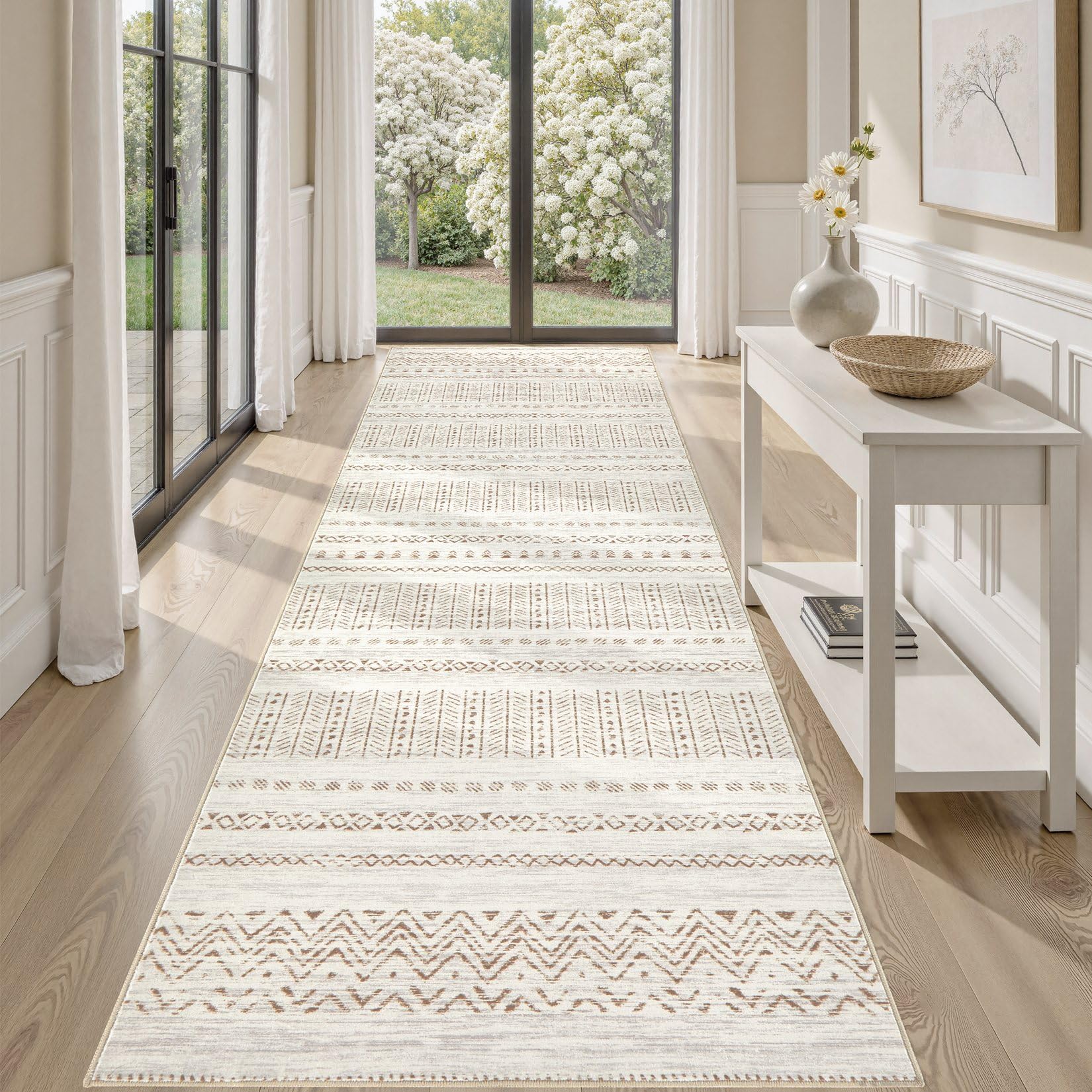 cotiled 5x7 Area Rug Living Room: Washable Boho Rugs with Non Slip Backing Large Soft Indoor Stain Resistant Carpet for Bedroom Farmhouse Dining Room Lightweight Home Decor L Brown/Cream