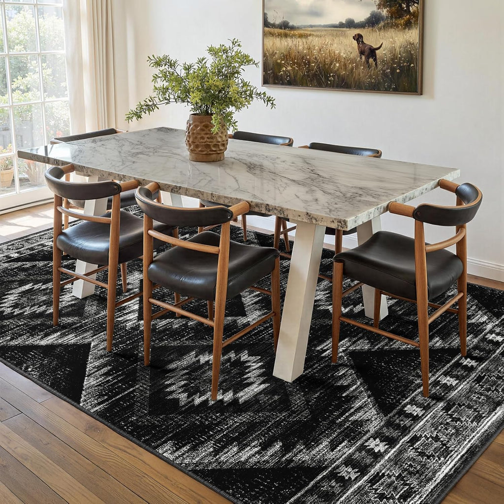 BESTSWEETIE Area Rug 5x7 Rug Machine Washable Non-Slip Low Pile Print Pattern Western Rug for Living Room Bedroom Entryway Tribal Series -Black