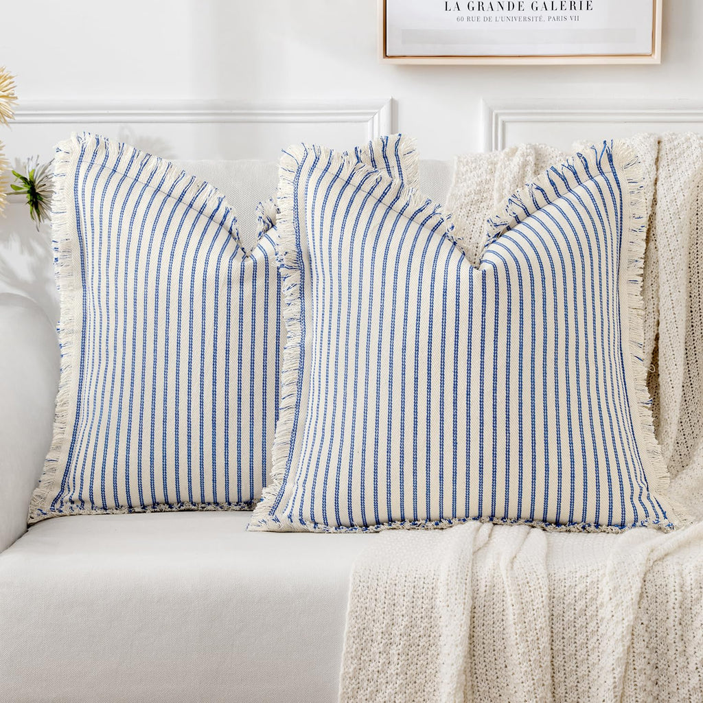 MIULEE Pack of 2 Black Pillow Covers 20x20 Inch Striped Farmhouse Couch Throw Pillow Covers with Fringe Chic Linen Decorative Cushion Covers for Sofa Living Room Bed Outdoor Home Decor