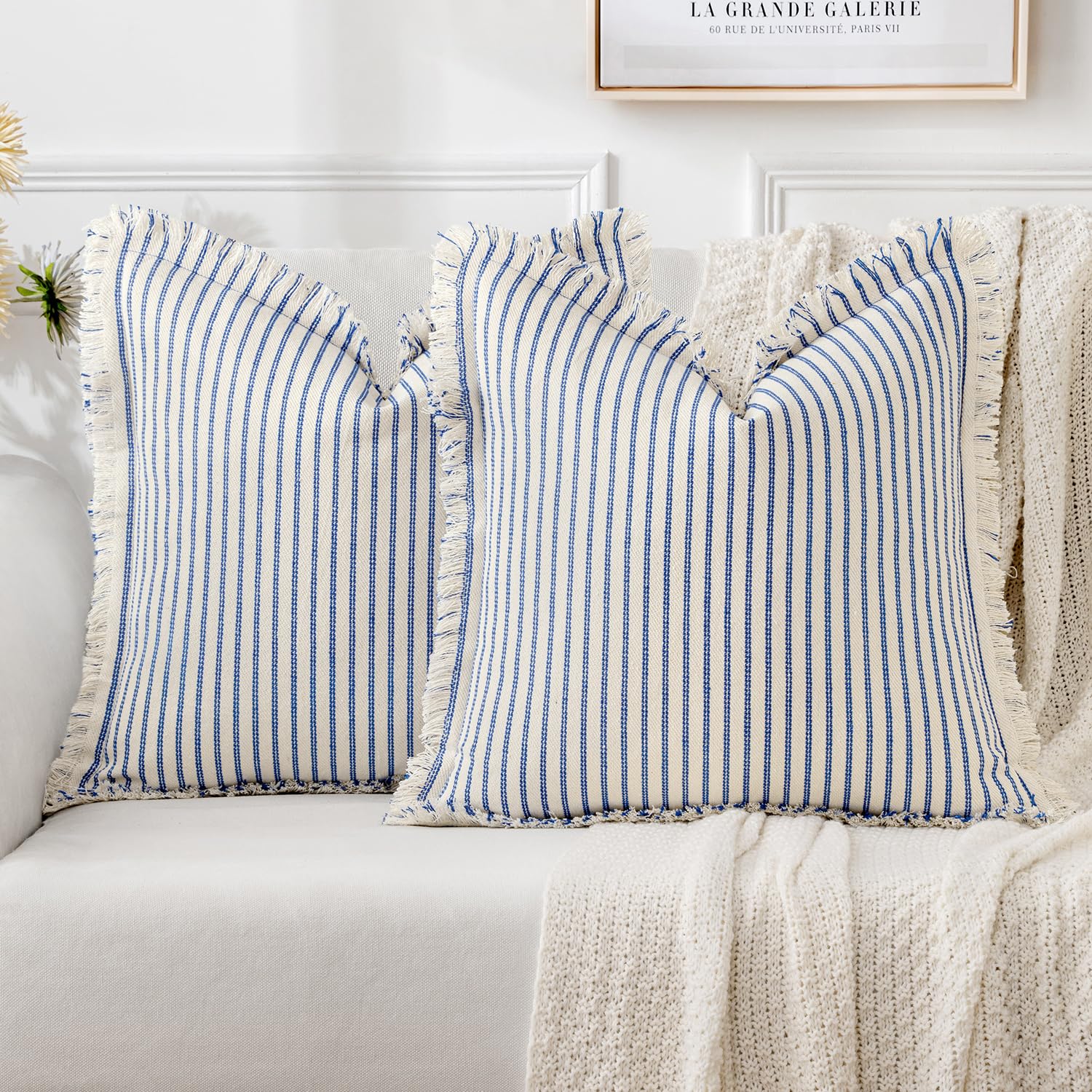 MIULEE Pack of 2 Black Pillow Covers 20x20 Inch Striped Farmhouse Couch Throw Pillow Covers with Fringe Chic Linen Decorative Cushion Covers for Sofa Living Room Bed Outdoor Home Decor
