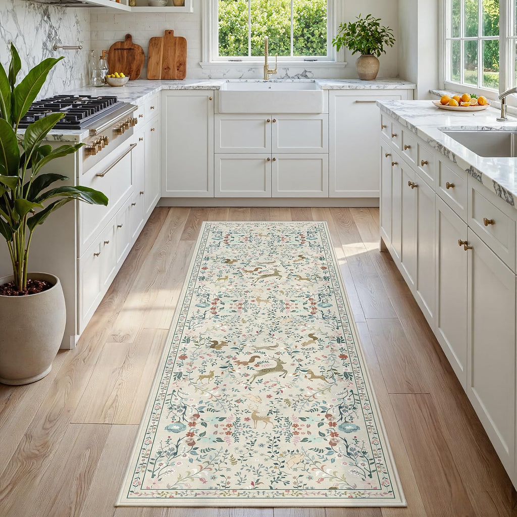8x10 Beige Boho Floral Washable Non-Slip Thin Area Rug for Indoor Spaces