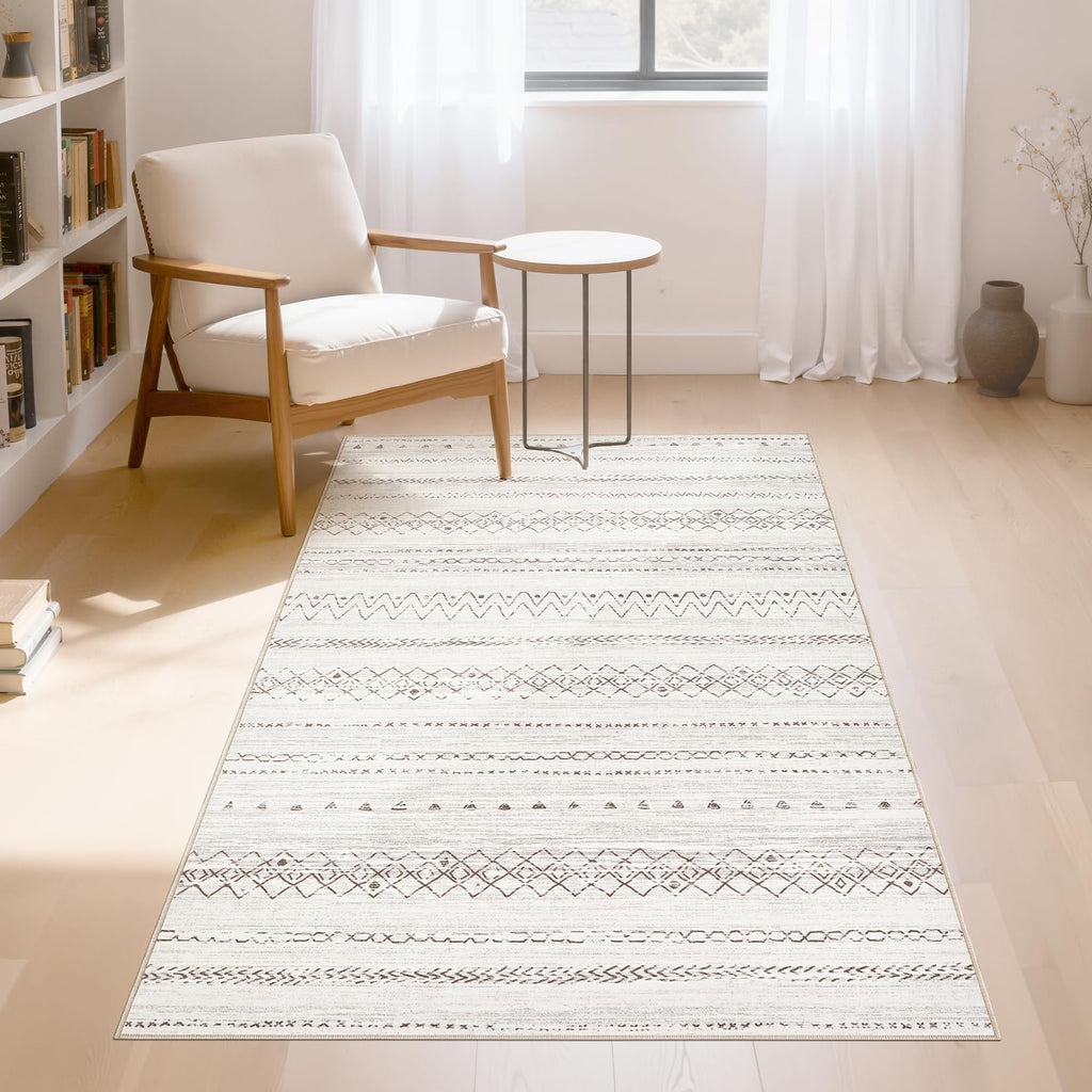 cotiled 5x7 Area Rug Living Room: Washable Boho Rugs with Non Slip Backing Large Soft Indoor Stain Resistant Carpet for Bedroom Farmhouse Dining Room Lightweight Home Decor L Brown/Cream