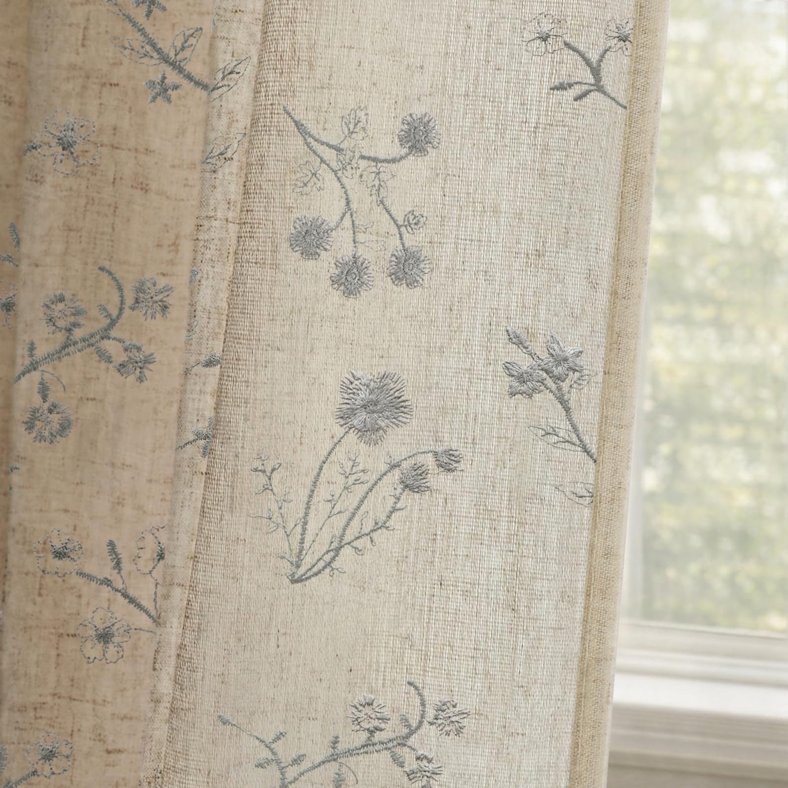 Floral Embroidered Linen Blend Curtains for Bedroom, 84 Inch Light Filtering Spring Farmhouse Vintage Drapes Beige Flower Window Treatments for Living Room Rod Pocket, Set of 2 Panels