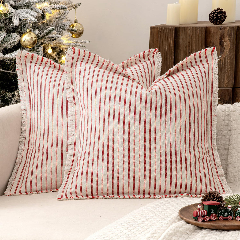 MIULEE Pack of 2 Black Pillow Covers 20x20 Inch Striped Farmhouse Couch Throw Pillow Covers with Fringe Chic Linen Decorative Cushion Covers for Sofa Living Room Bed Outdoor Home Decor