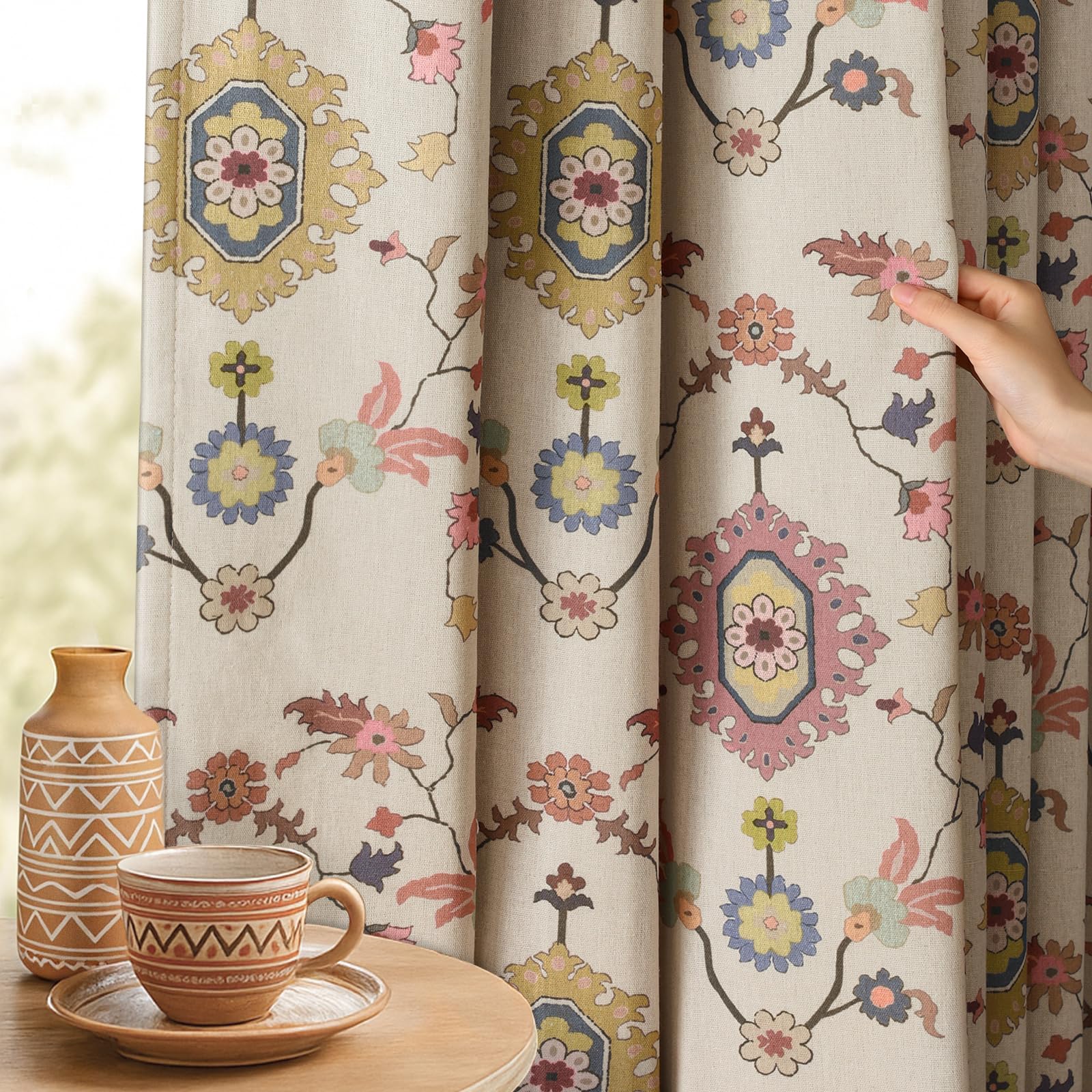 Floral Embroidered Linen Blend Curtains for Bedroom, 84 Inch Light Filtering Spring Farmhouse Vintage Drapes Beige Flower Window Treatments for Living Room Rod Pocket, Set of 2 Panels