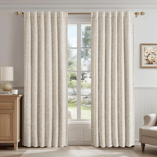 Beauoop Beige Floral Jacquard Blackout Curtains 90 Inches Long 2 Panels for Bedroom Living Room Chenille Flower Room Darkening Thermal Insulated Soundproof Rod Pocket Back Tab Window Drapes 52x90