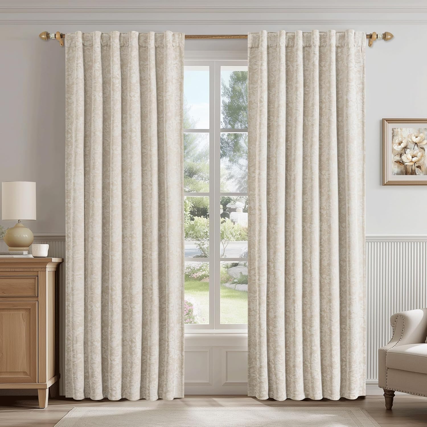 Beauoop Beige Floral Jacquard Blackout Curtains 96 Inches Long 2 Panels for Bedroom Living Room Chenille Flower Room Darkening Thermal Insulated Soundproof Rod Pocket Back Tab Window Drapes, 52x96