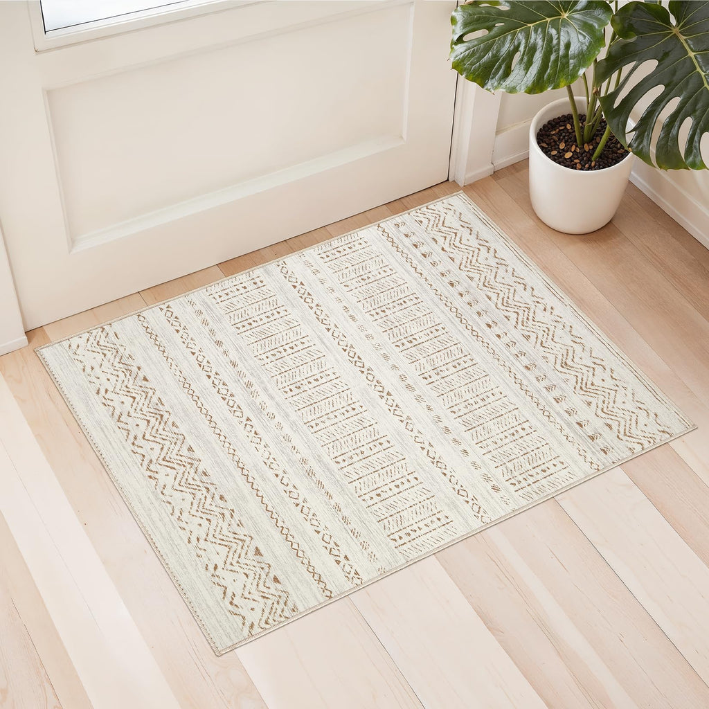 cotiled 5x7 Area Rug Living Room: Washable Boho Rugs with Non Slip Backing Large Soft Indoor Stain Resistant Carpet for Bedroom Farmhouse Dining Room Lightweight Home Decor L Brown/Cream