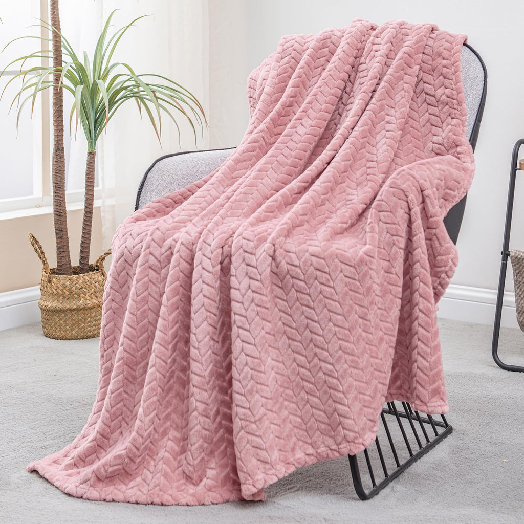 Exclusivo Mezcla Fleece Queen Size Blanket for Bed, 90x90 Inches Soft Cozy Jacquard Flannel Blankets, Lightweight Fuzzy Plush for Women, Pink