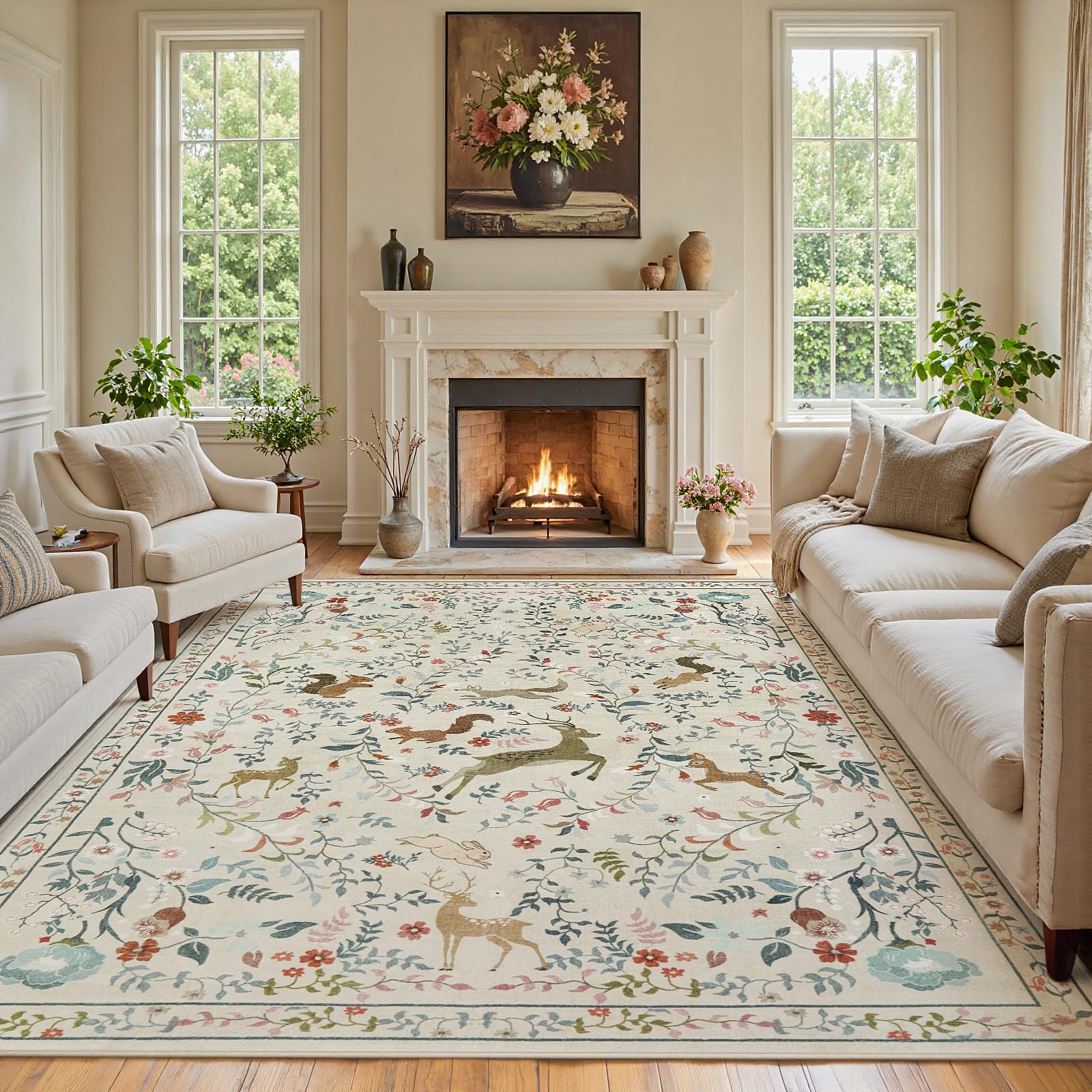 8x10 Beige Boho Floral Washable Non-Slip Thin Area Rug for Indoor Spaces