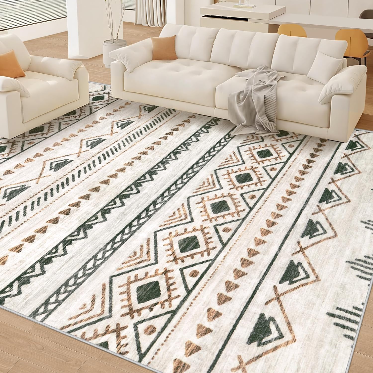 Area Rug Living Room Rugs 8x10 - Large Soft Boho Geometric Rug, Non-Slip Foldable Washable Rugs Non Shedding Morden Indoor Floor Carpet for Living Room Bedroom Office Dining Room(Brown Green,8'x10')