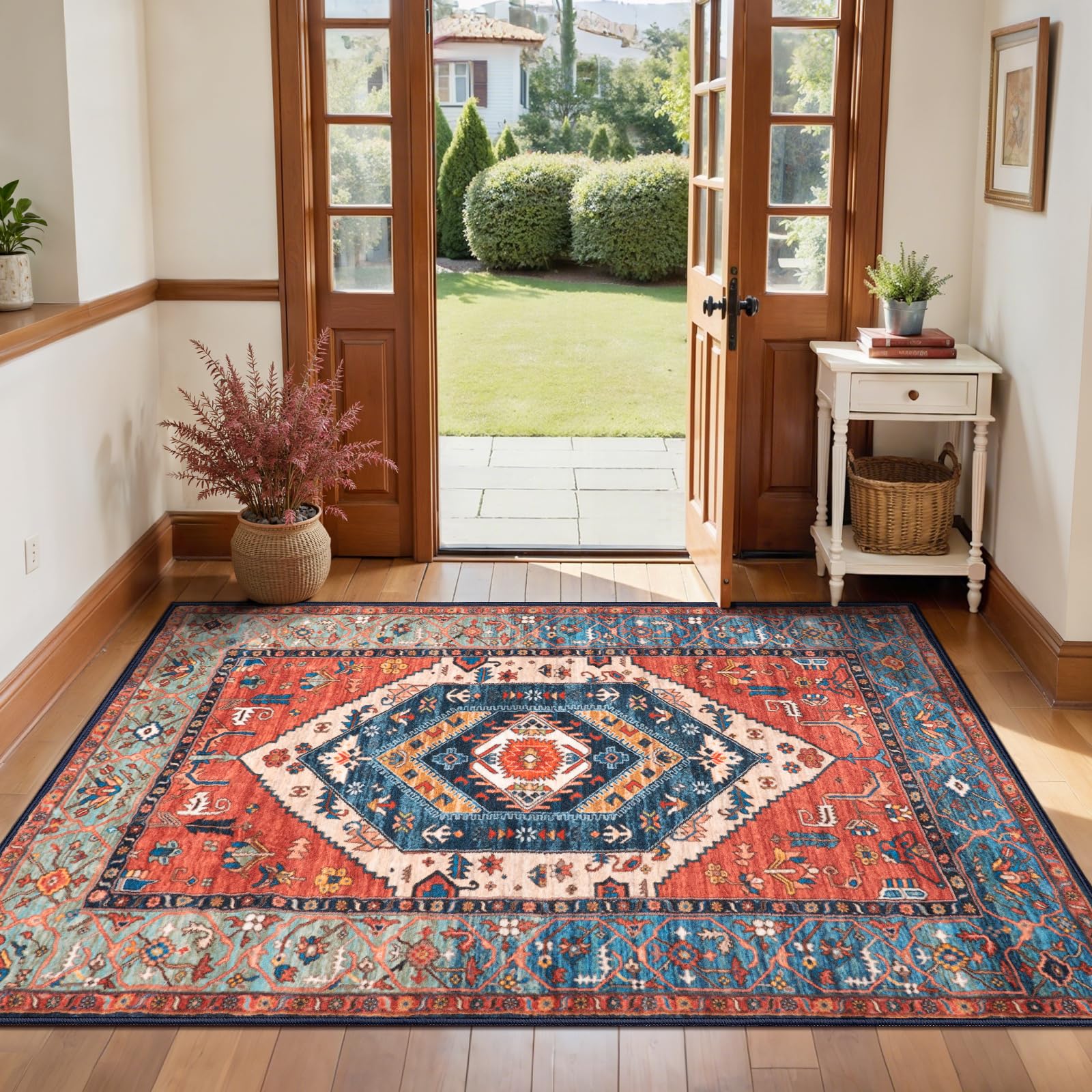 SERISSA Washable Rugs 8x10 Area Rugs, Large Non-Slip Boho Living Room Rust Rug, Ultra Soft Vintage Print Distressed Oriental Tribal Farmhouse Carpet for Dining Room Bedroom Dorm Office Home Decor