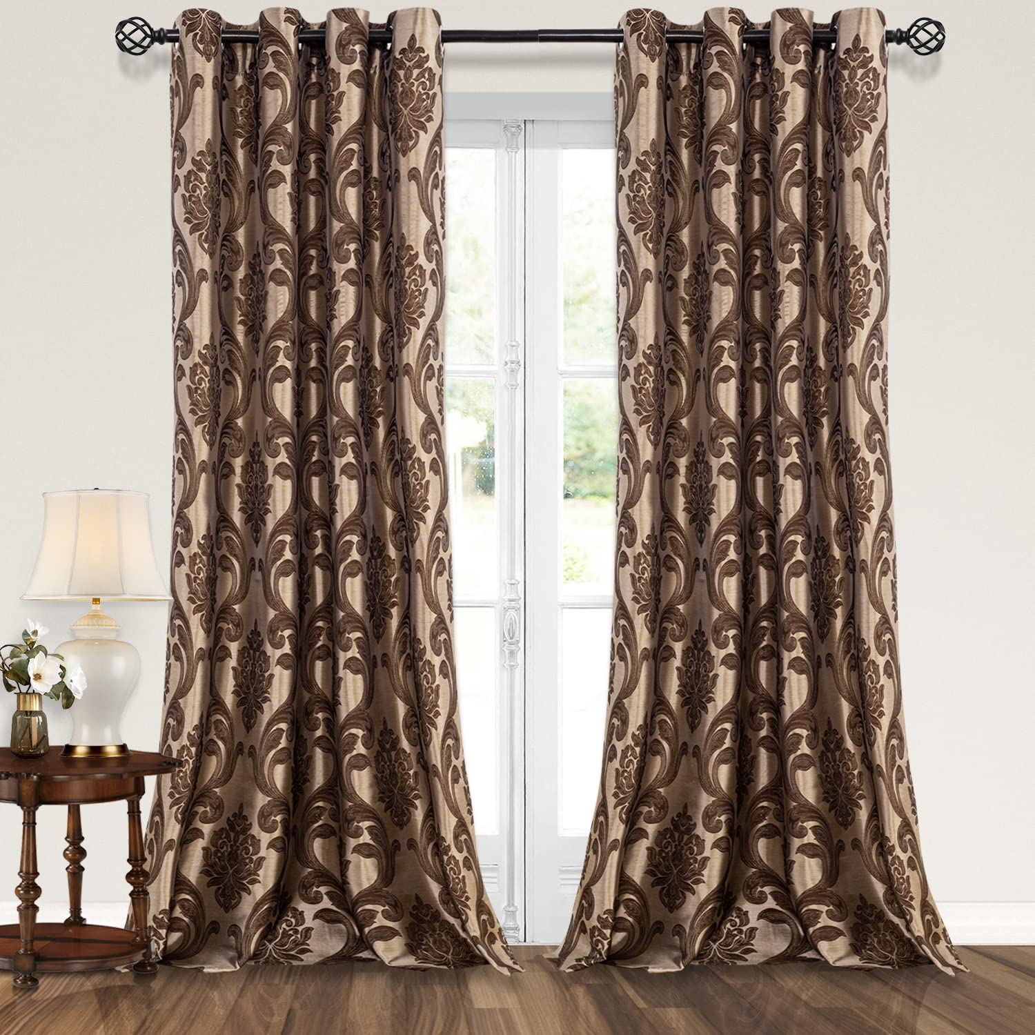 NAPEARL Damask Curtains-Fancy Jacquard Semi-Blackout Brown Curtain Drapes for legant & Private Living Room & Bedroom, Luxury Curtains 96 Inches Length (2 Panels, Each 52 x 96 Inches)