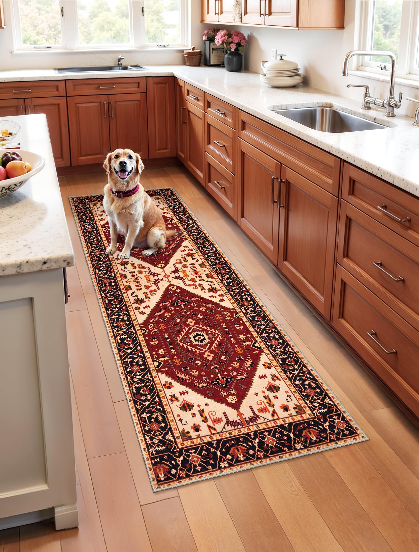 SERISSA Washable Rugs 8x10 Area Rugs, Large Non-Slip Boho Living Room Rust Rug, Ultra Soft Vintage Print Distressed Oriental Tribal Farmhouse Carpet for Dining Room Bedroom Dorm Office Home Decor