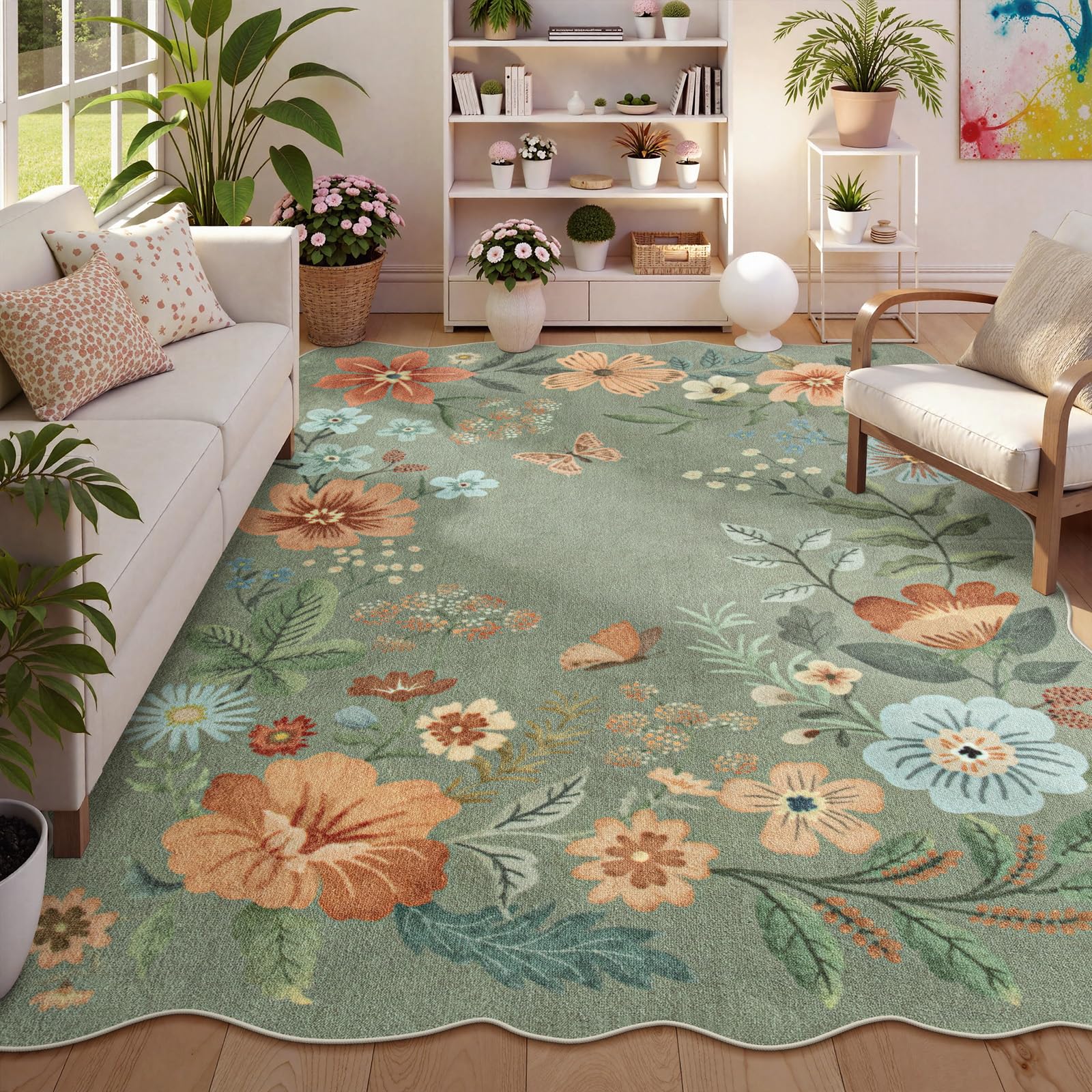 Lahome Floral Living Room Rugs, Area Rugs 5x7 Rug for Bedroom Ultra-Thin Soft Rug, Non-Slip Washable Rugs Stain Resistant Boho Rug Flore Throw Rug for ‎Dining Room Office (5x7ft,Green)