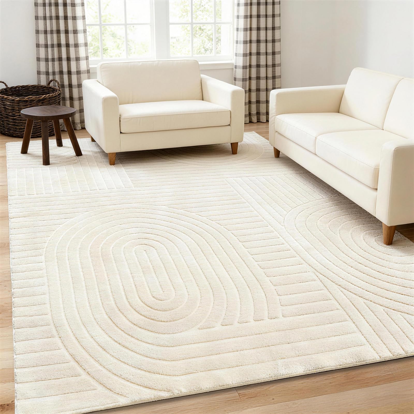 5x7 Geometric Solid Beige Area Rug – Washable, Durable Non-Slip Indoor Carpet with Soft High-Low Pile, Fluffy Floor Rugs for Living Room, Bedroom, Bedside, Kids Room, Nursery,Home Office Décor