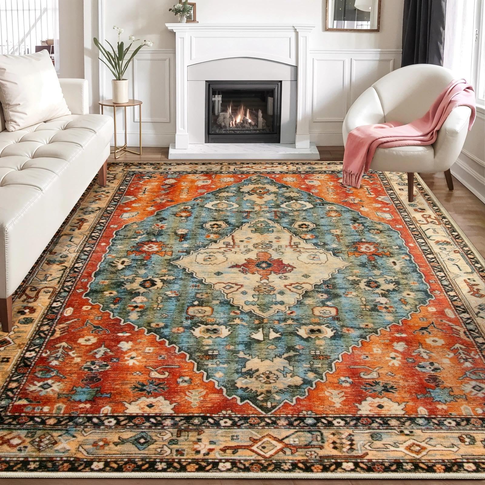 SERISSA Washable Rugs 8x10 Area Rugs, Large Non-Slip Boho Living Room Rust Rug, Ultra Soft Vintage Print Distressed Oriental Tribal Farmhouse Carpet for Dining Room Bedroom Dorm Office Home Decor