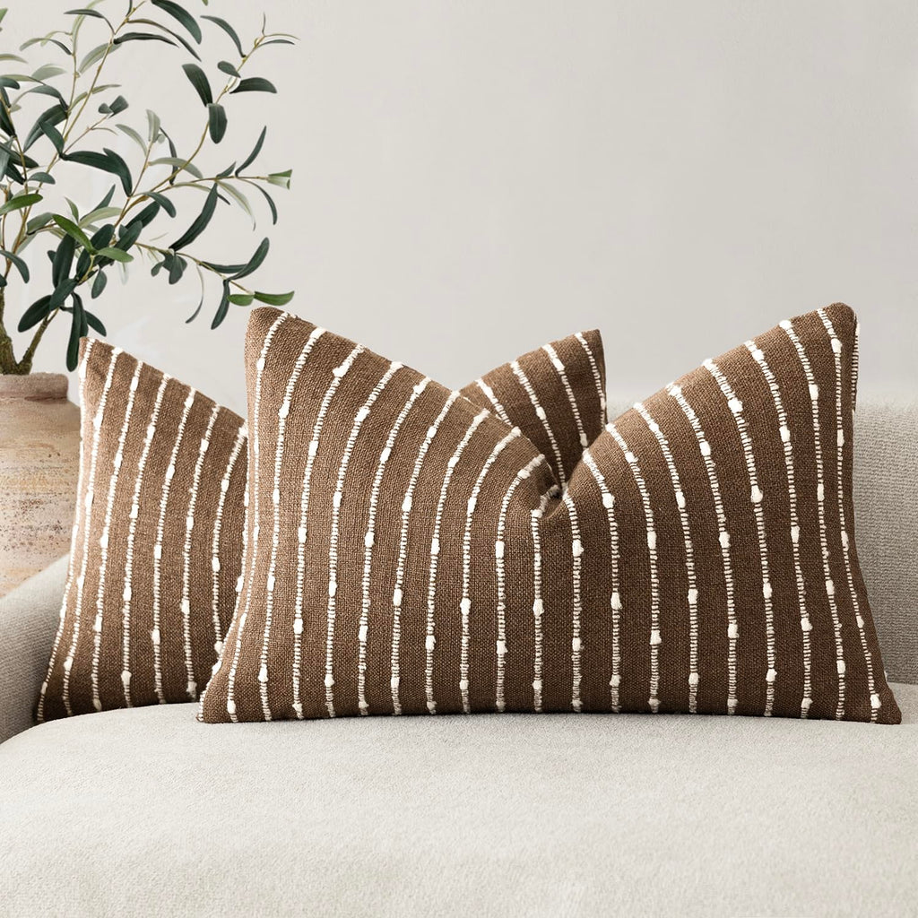 Foindtower Pack of 2 Decorative Jacquard Boucle Throw Pillow Covers Accent Textured Striped Pillowcases Soft Boho Modern Cushion for Couch Sofa Bedroom Living Room Home Decor 20x20 Inch Natural Beige