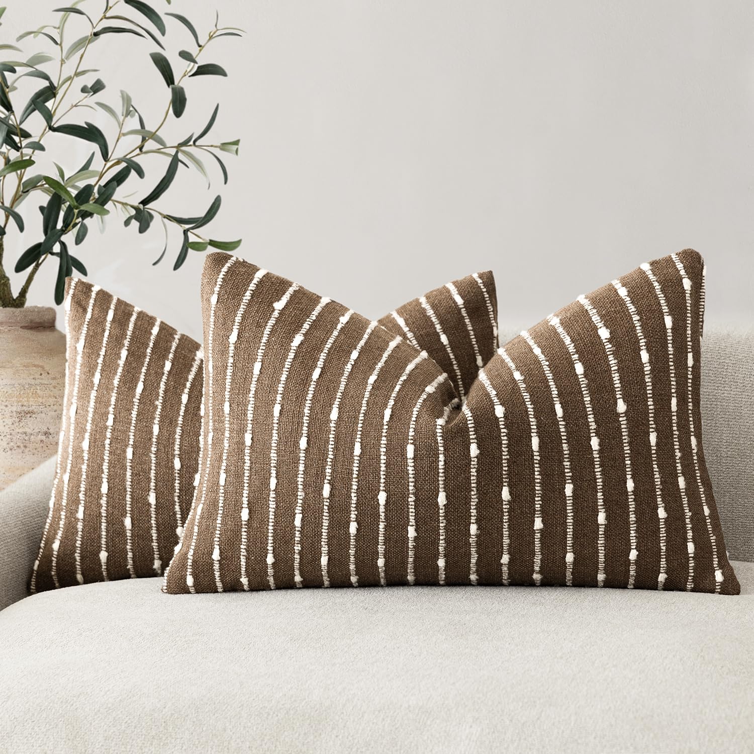 Foindtower Pack of 2 Decorative Jacquard Boucle Throw Pillow Covers Accent Textured Striped Pillowcases Soft Boho Modern Cushion for Couch Sofa Bedroom Living Room Home Decor 20x20 Inch Natural Beige