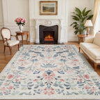 8x10 Beige Boho Floral Washable Non-Slip Thin Area Rug for Indoor Spaces