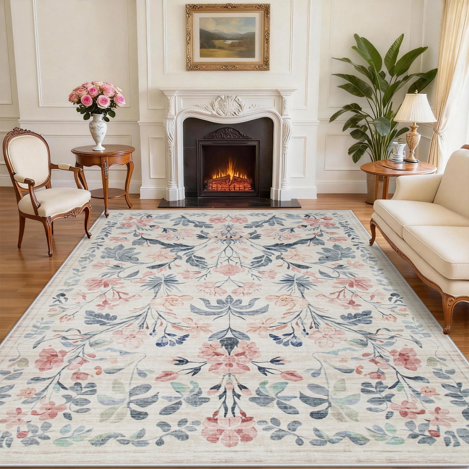 8x10 Beige Boho Floral Washable Non-Slip Thin Area Rug for Indoor Spaces