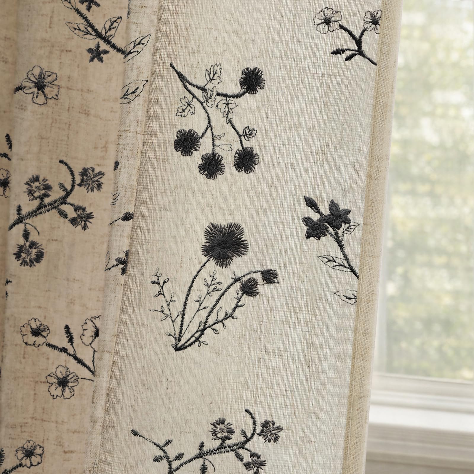 Floral Embroidered Linen Blend Curtains for Bedroom, 84 Inch Light Filtering Spring Farmhouse Vintage Drapes Beige Flower Window Treatments for Living Room Rod Pocket, Set of 2 Panels