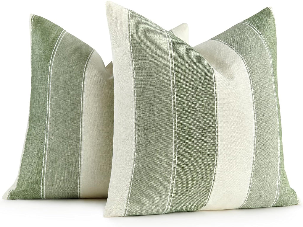 AmHoo Pack of 2 Farmhouse Stripe Check Throw Pillow Covers Set Case Cotton Linen Decorative Pillowcases Cushion Cover for Couch Bench Sofa 18x18 Inch Sage Green