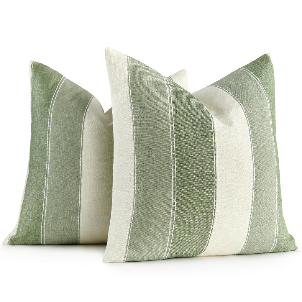 AmHoo Pack of 2 Farmhouse Stripe Check Throw Pillow Covers Set Case Cotton Linen Decorative Pillowcases Cushion Cover for Couch Bench Sofa 18x18 Inch Sage Green