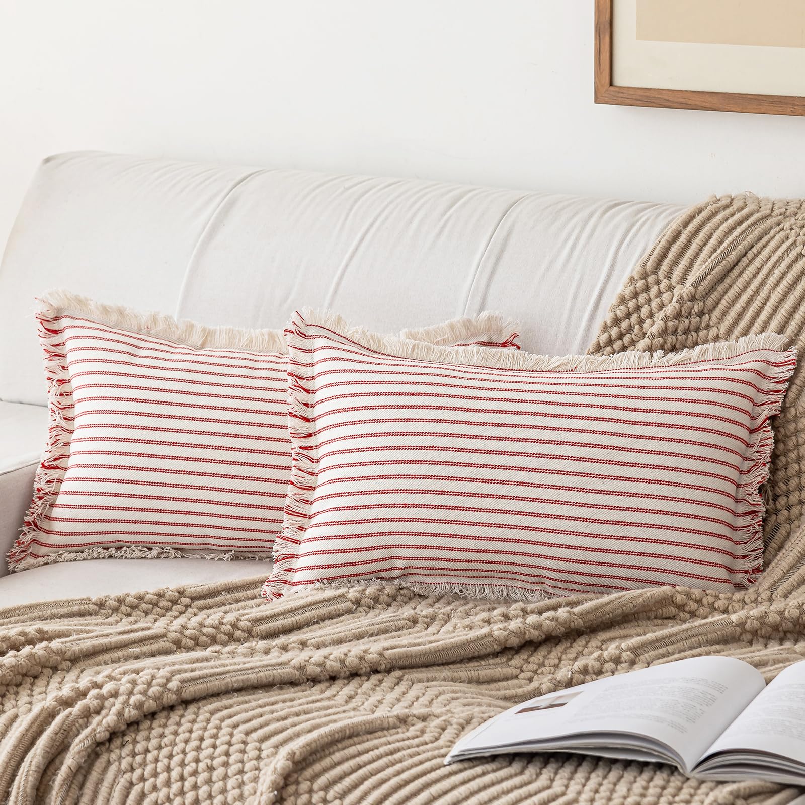 YEENAASY Throw Pillow Covers 18x18 Set of 2 Striped Fringe Pillow Cover Farmhouse Cushion Covers with Tassel Neutral Boho Pillows Decorative Square Pillowcase for Couch Sofa Bed, Khaki