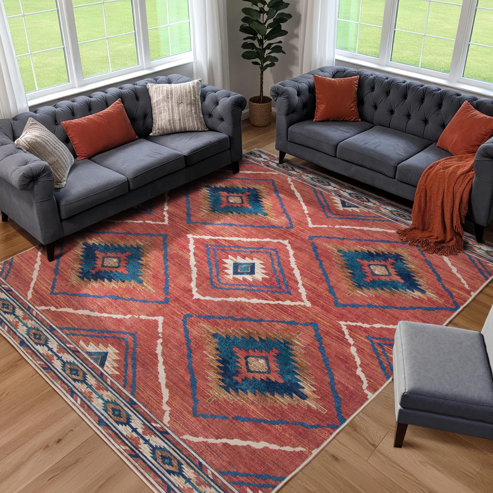 BESTSWEETIE Area Rug 5x7 Rug Machine Washable Non-Slip Low Pile Print Pattern Western Rug for Living Room Bedroom Entryway Tribal Series -Black