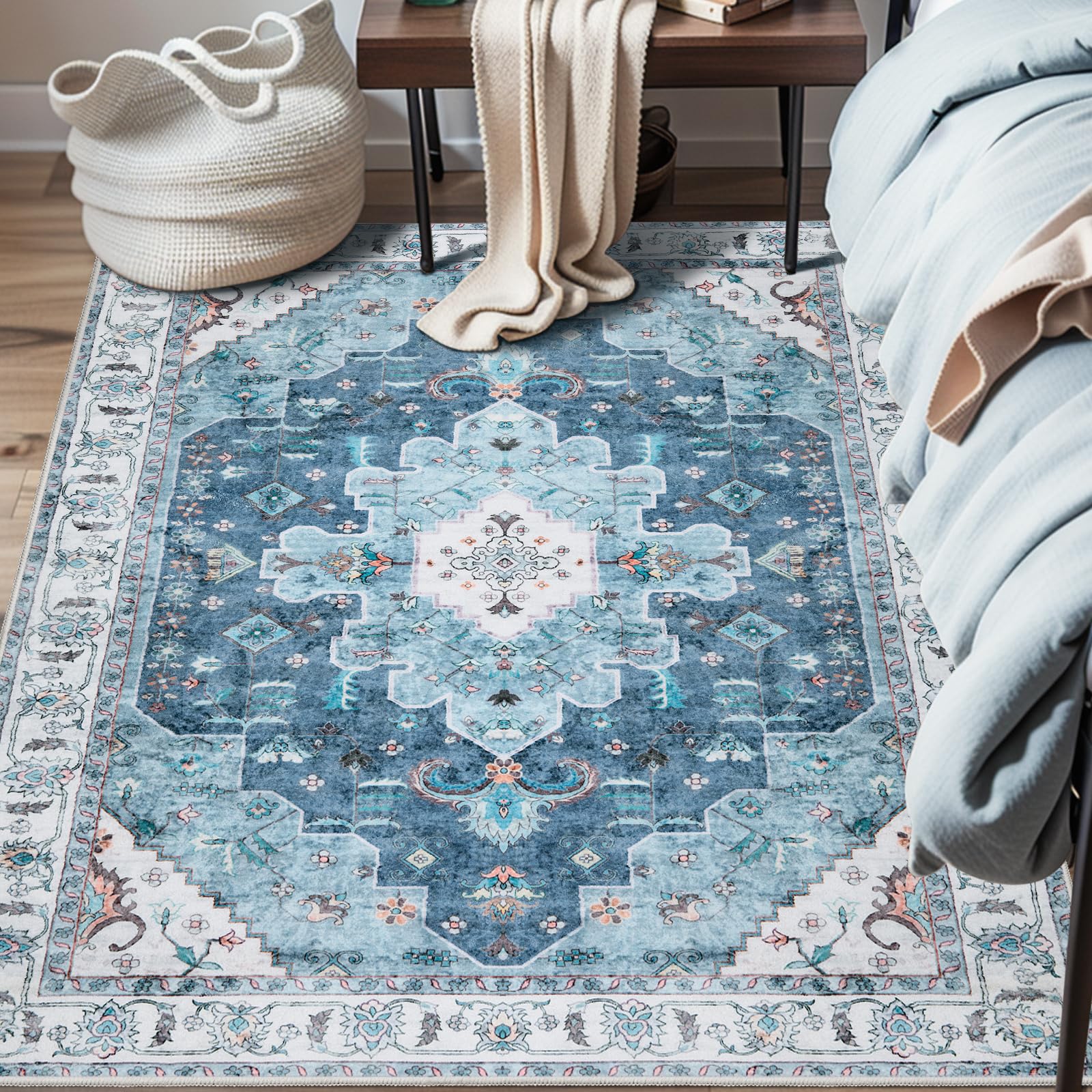SERISSA Washable Rugs 8x10 Area Rugs, Large Non-Slip Boho Living Room Rust Rug, Ultra Soft Vintage Print Distressed Oriental Tribal Farmhouse Carpet for Dining Room Bedroom Dorm Office Home Decor