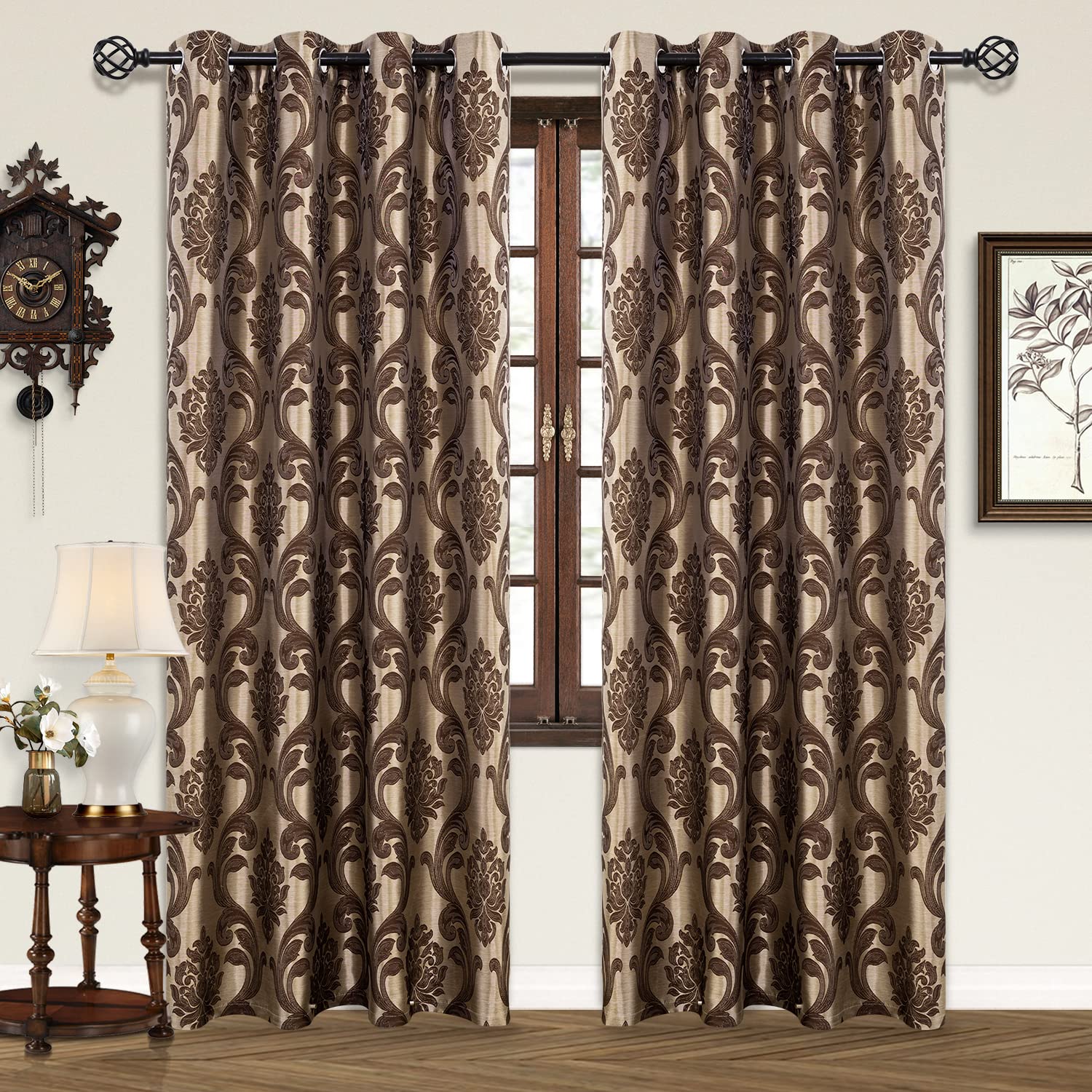 NAPEARL Damask Curtains-Fancy Jacquard Semi-Blackout Brown Curtain Drapes for legant & Private Living Room & Bedroom, Luxury Curtains 96 Inches Length (2 Panels, Each 52 x 96 Inches)